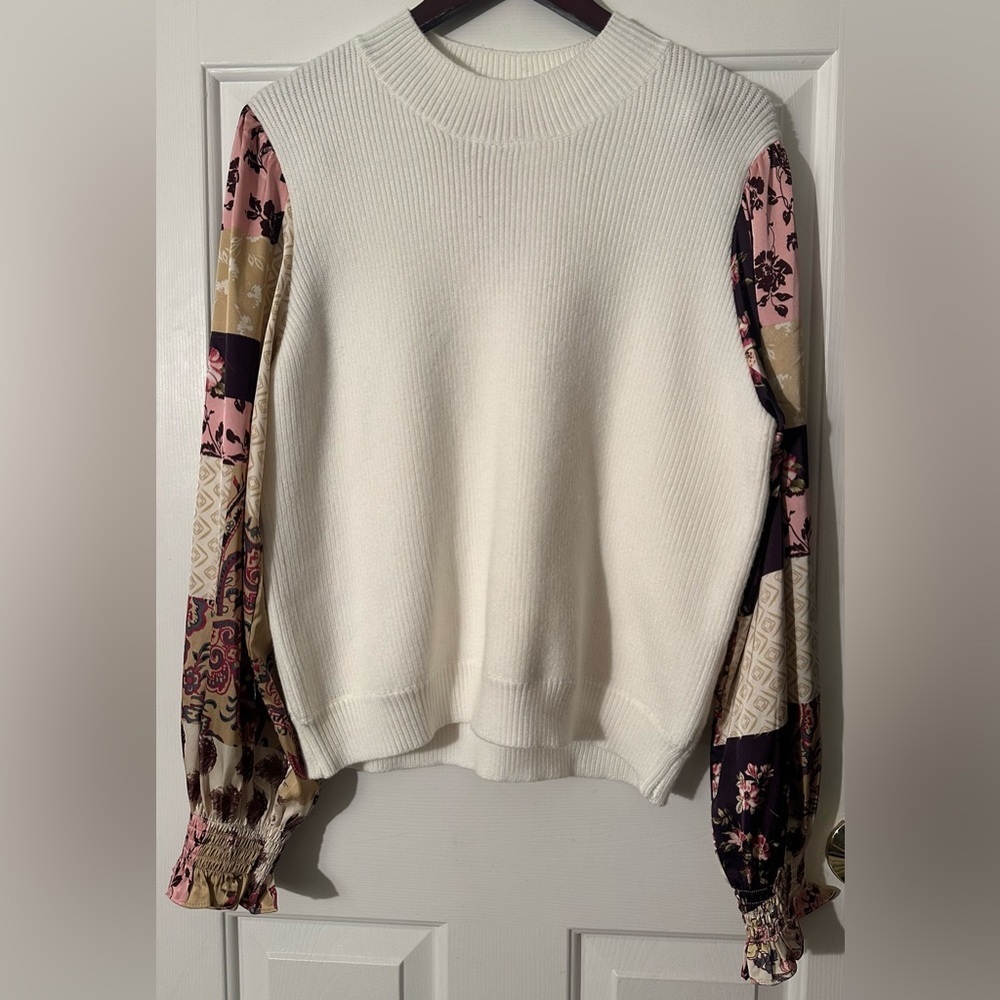 THML Anthro Patchwork Eclectic Grandma LG Sweater Satin Floral Balloon Sleeves